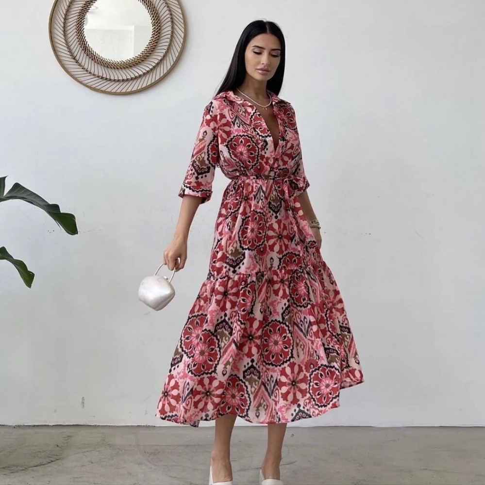 ❌️SOLD❌️ZARA PRINTED BELTED DRESS SIZE L - Picture 1 of 13